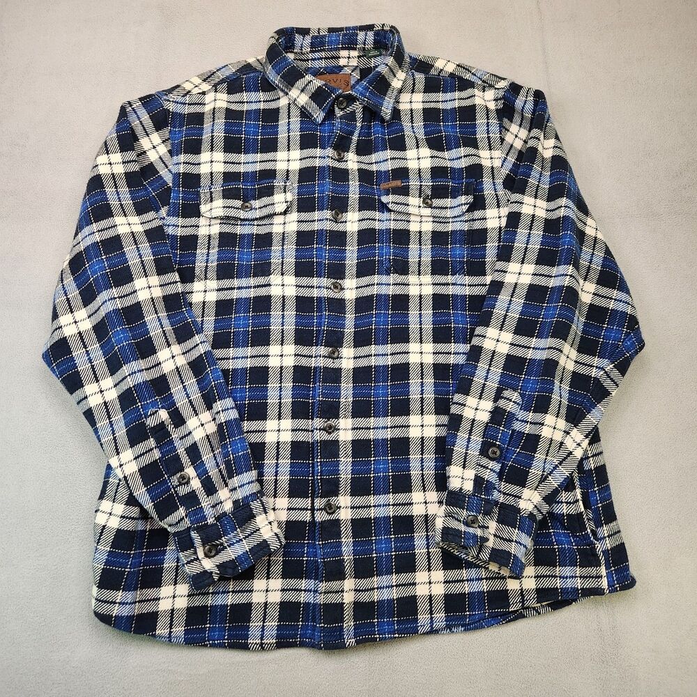 Orvis Big Bear Heavyweight Flannel Shirt Men's L Blue Plaid Shacket Pockets